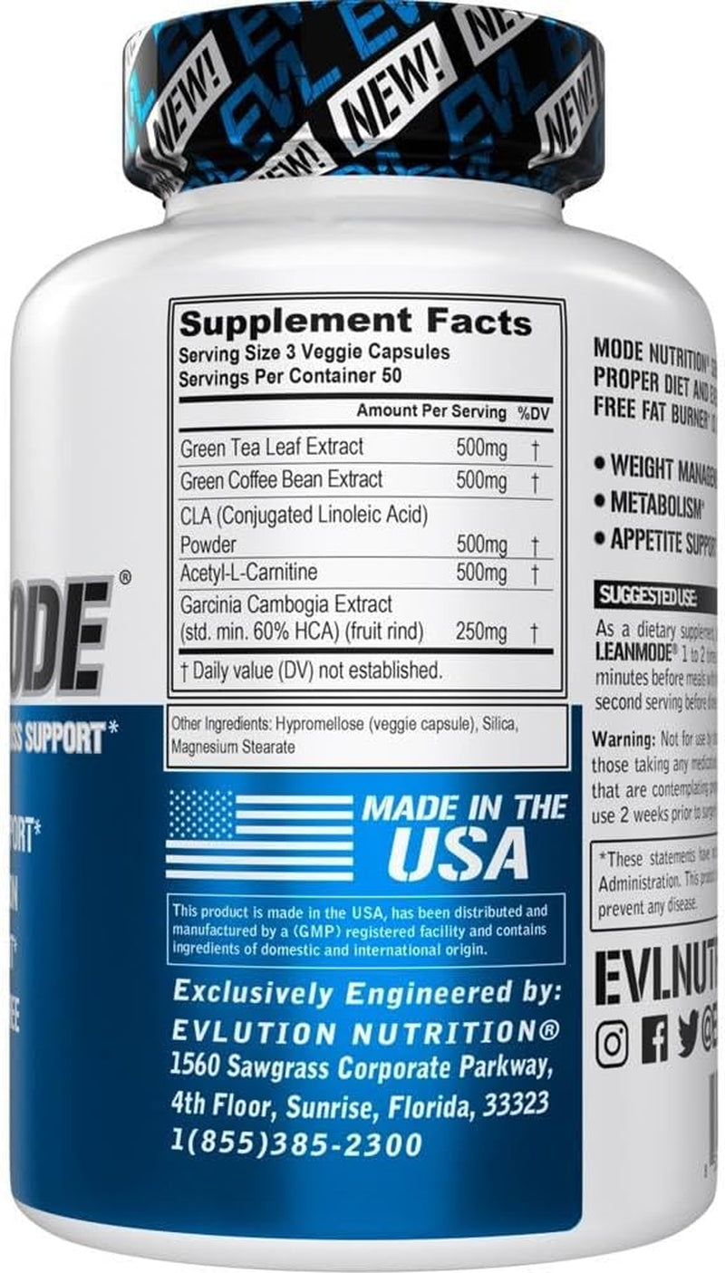 EVL Weight Loss Support Pills - Premium Multipurpose Appetite Metabolism and Fat Loss Support for Men and Women - Leanmode with Green Coffee Bean Extract CLA and Garcinia Cambogia - 50 Servings