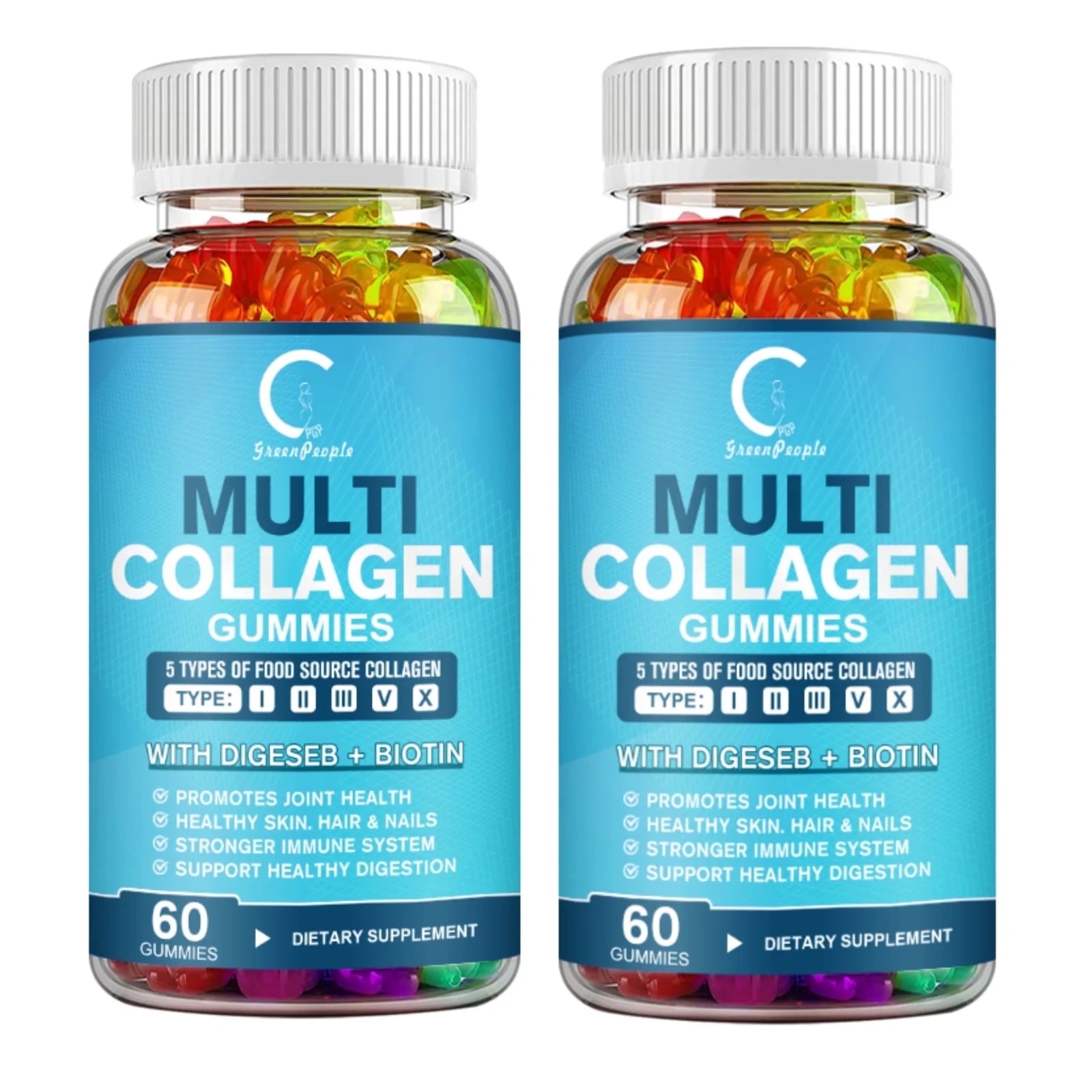 2 PACK Multi Collagen Gummies | 5 Types of Food Source Collagen Supplements - Promotes Healthy Hair, Skin, Nail | 120 Gummies