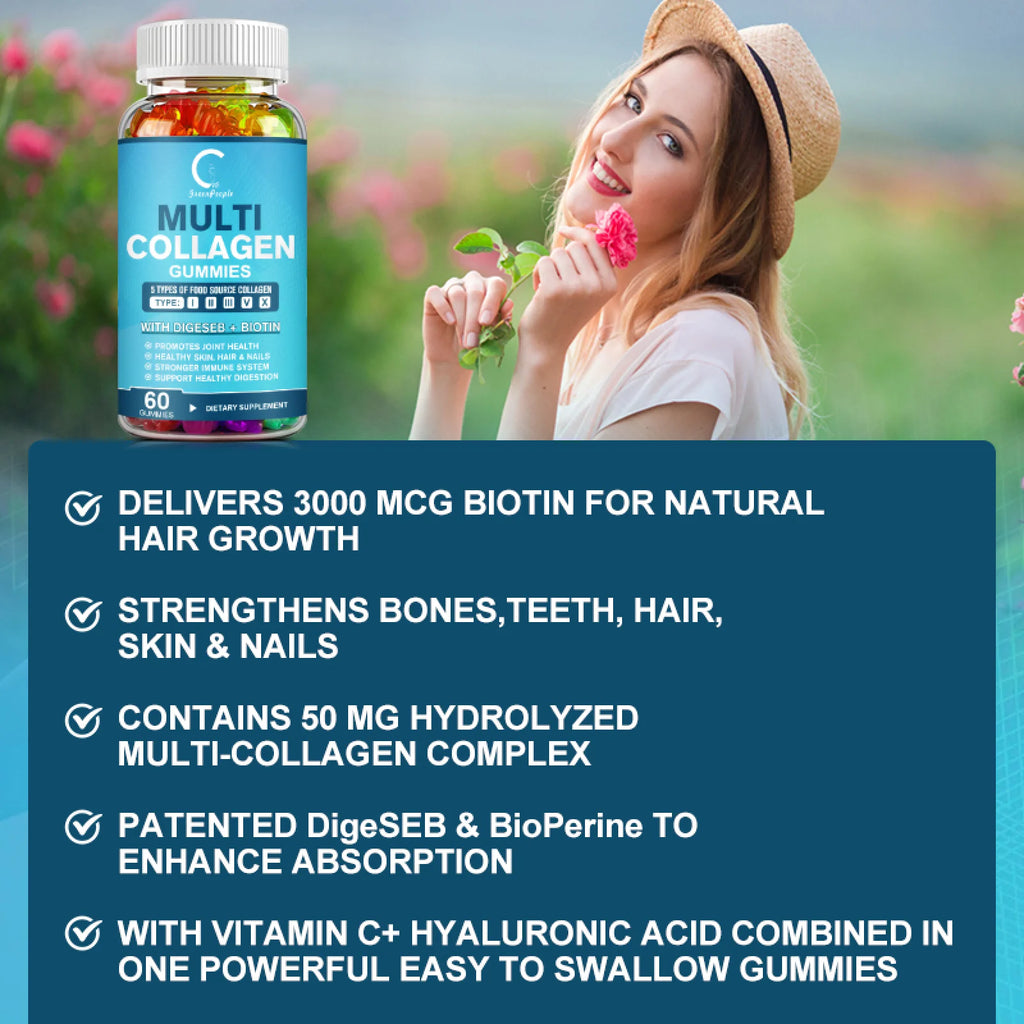 Multi Collagen Gummies | 5 Types of Food Source Collagen Supplements - Promotes Healthy Hair, Skin, Nail | 60 Gummies