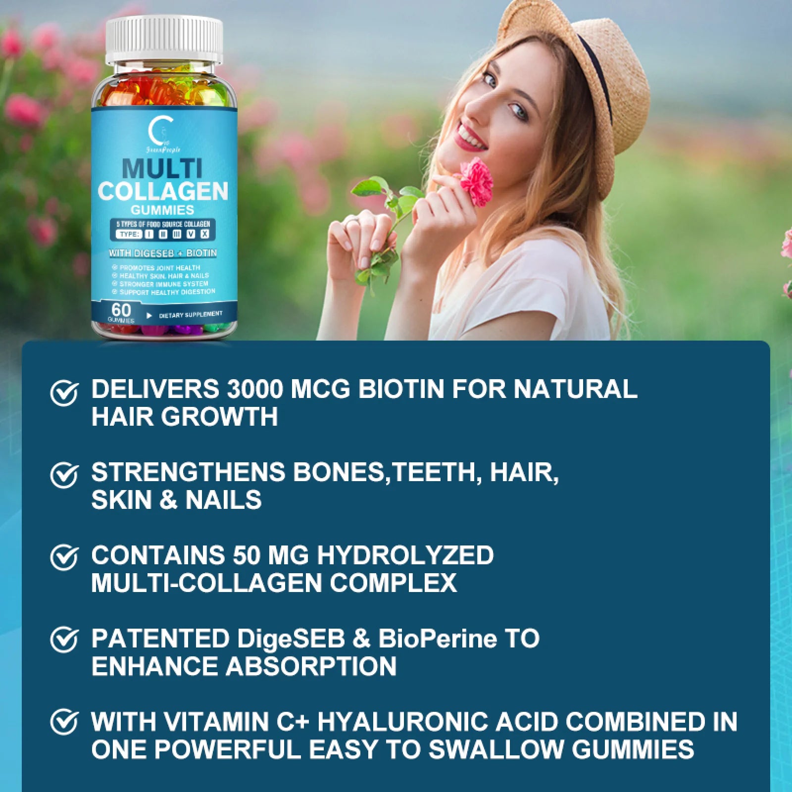 Multi Collagen Gummies | 5 Types of Food Source Collagen Supplements - Promotes Healthy Hair, Skin, Nail | 60 Gummies