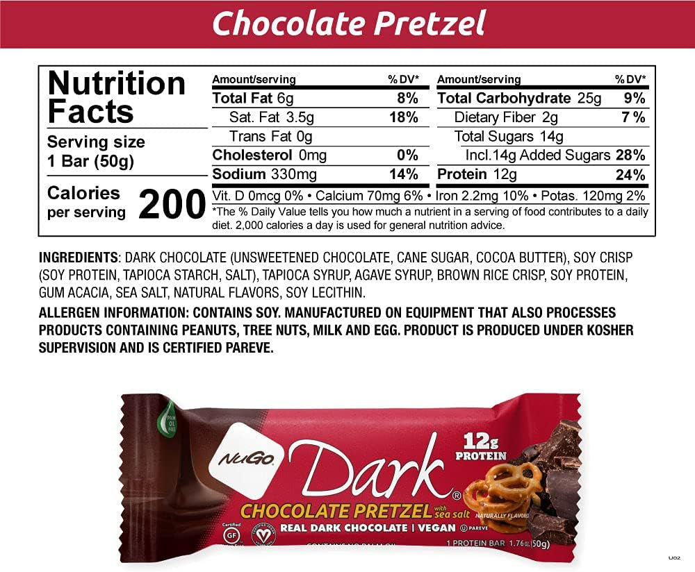 Dark Chocolate Pretzel and Sea Salt, 12G Protein Bar, Vegan, Gluten Free, Non-Gmo, Kosher Pareve, 24 Count