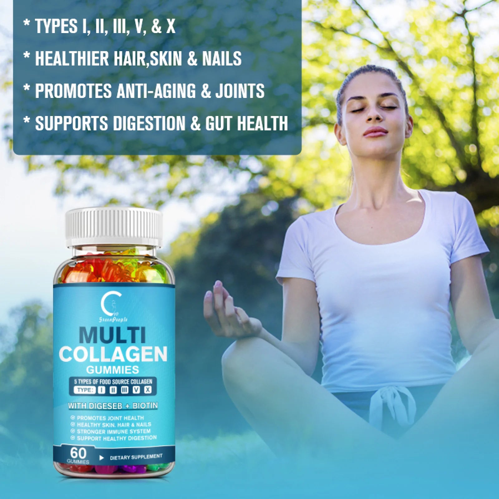 2 PACK Multi Collagen Gummies | 5 Types of Food Source Collagen Supplements - Promotes Healthy Hair, Skin, Nail | 120 Gummies