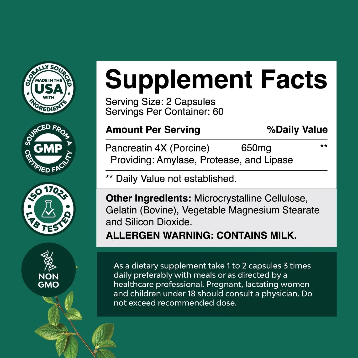 Pancreatin Digestive Enzymes Supplement for Gut and Digestive Health, 120Ct