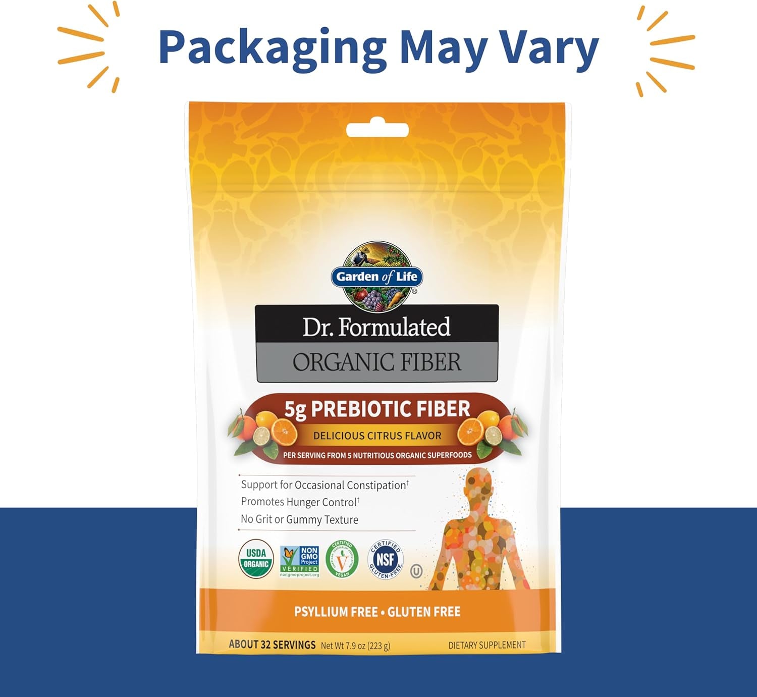Dr Formulated Organic Fiber Supplement Powder Citrus, Sugar Free, Psyllium Free Prebiotic Superfoods, Constipation Relief and Hunger Control for Men and Women, 32 Servings