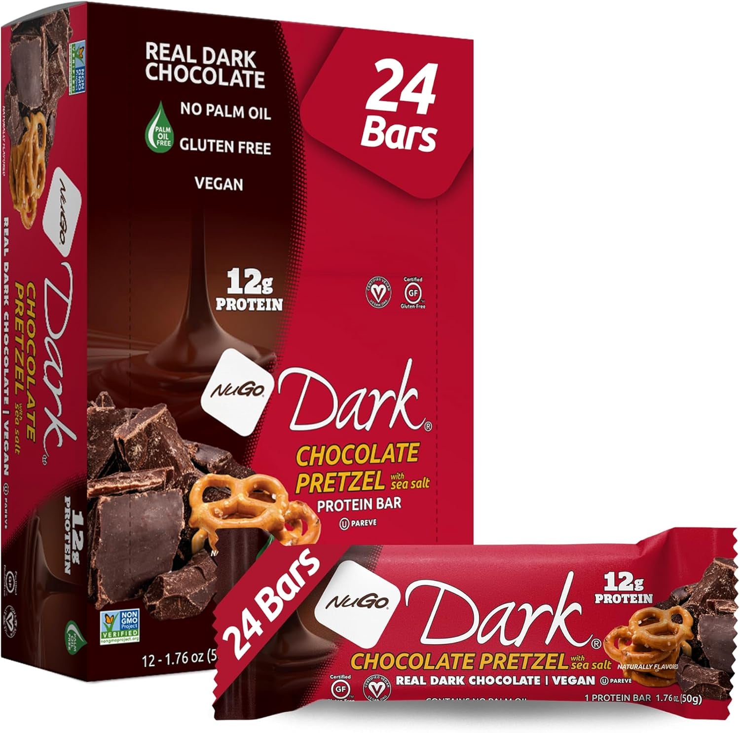 Dark Chocolate Pretzel and Sea Salt, 12G Protein Bar, Vegan, Gluten Free, Non-Gmo, Kosher Pareve, 24 Count