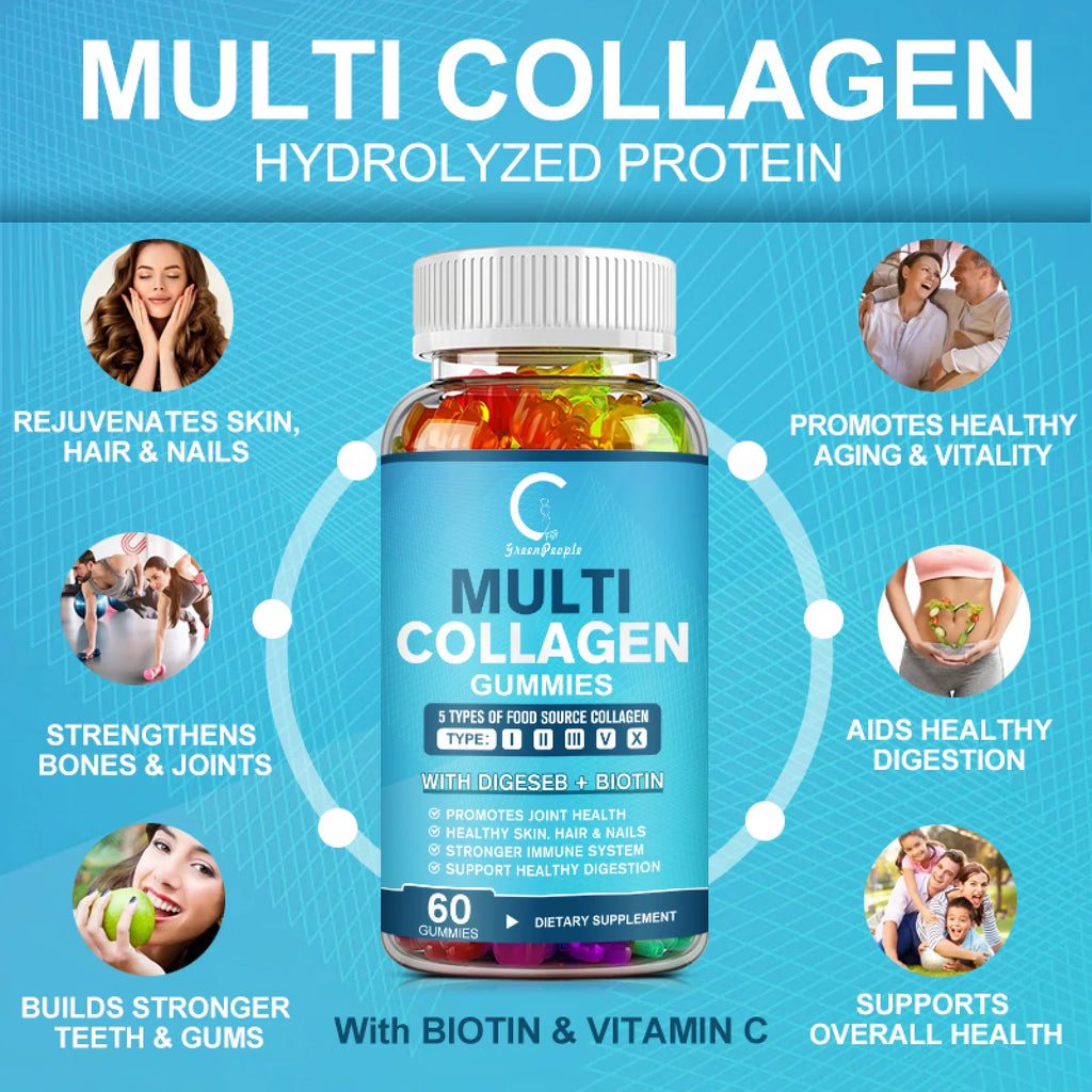 Multi Collagen Gummies | 5 Types of Food Source Collagen Supplements - Promotes Healthy Hair, Skin, Nail | 60 Gummies