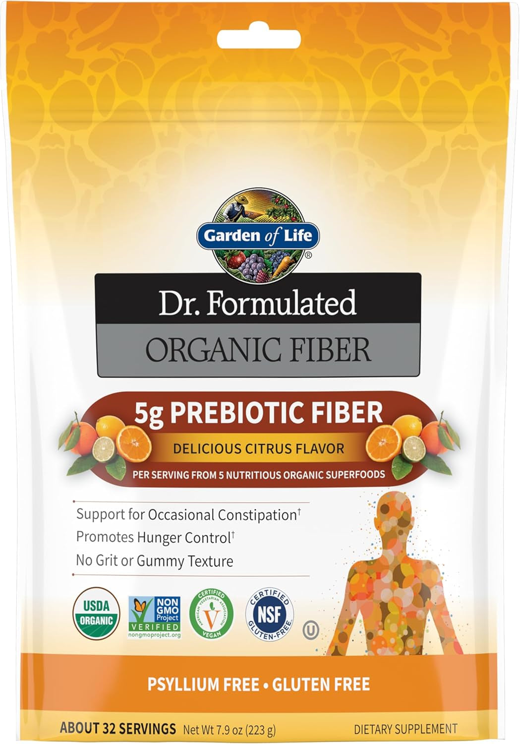 Dr Formulated Organic Fiber Supplement Powder Citrus, Sugar Free, Psyllium Free Prebiotic Superfoods, Constipation Relief and Hunger Control for Men and Women, 32 Servings
