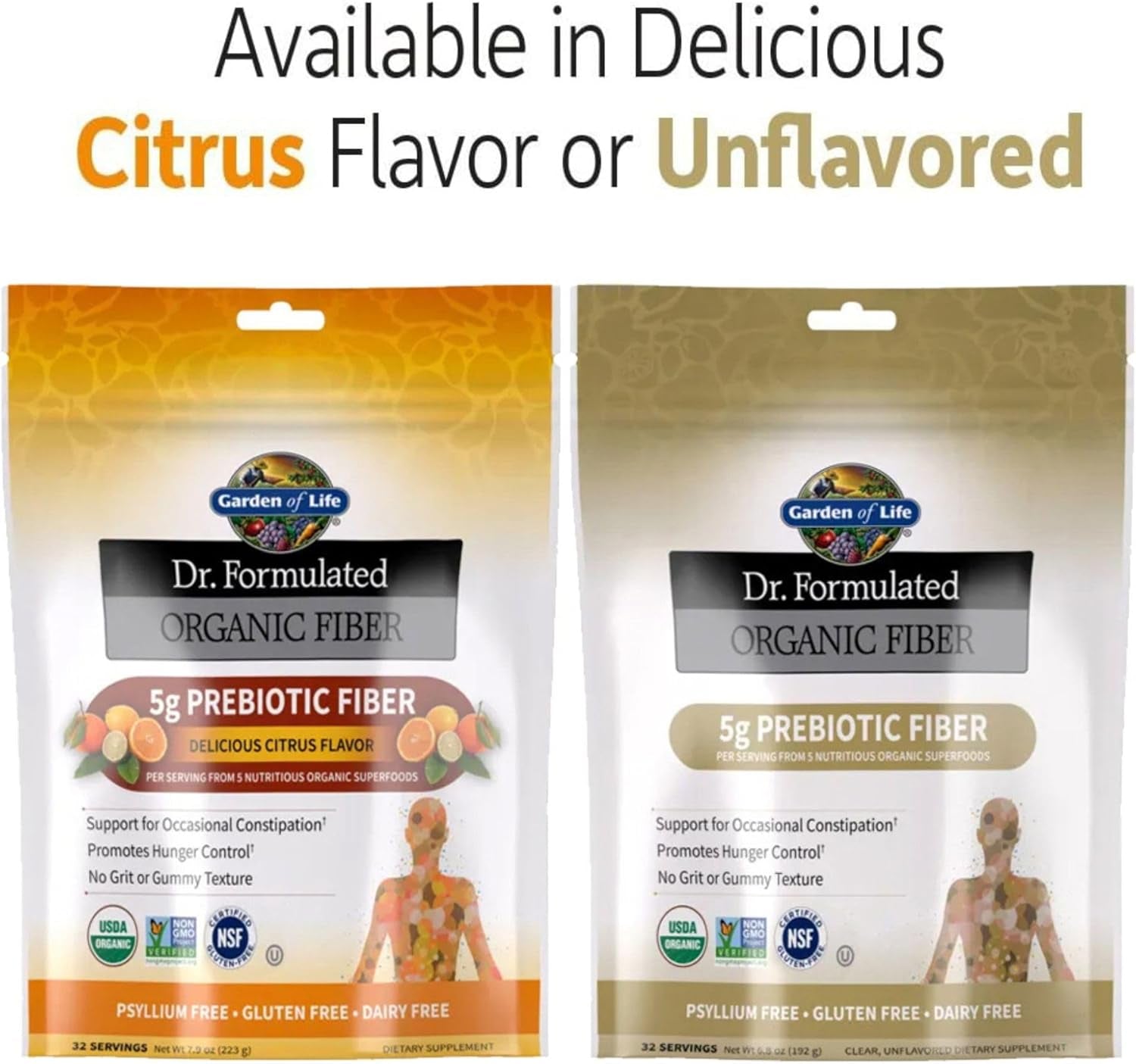 Dr Formulated Organic Fiber Supplement Powder Citrus, Sugar Free, Psyllium Free Prebiotic Superfoods, Constipation Relief and Hunger Control for Men and Women, 32 Servings