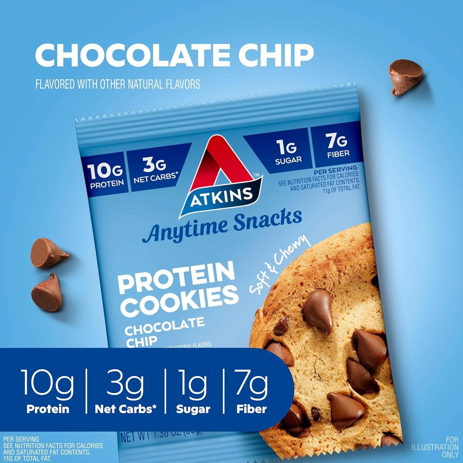 Atkins Chocolate Chip Protein Cookie, Protein Dessert, Rich in Fiber, 3G Net Carb, 1G Sugar, Keto Friendly, 4 Count