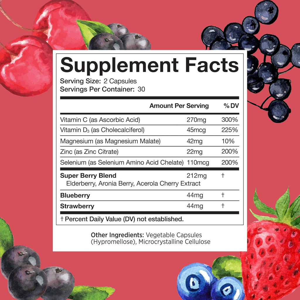 Super Berry Immune Support – Daily Immune System Supplement for Adults & Kids 12 Years +, Made with Elderberry, Aronia Berry, Zinc, Vitamins C and D3 – Capsules, 60 Count