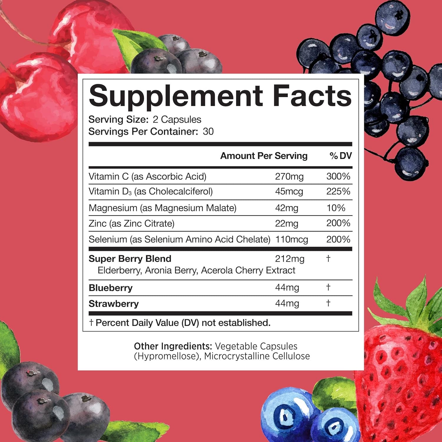 Super Berry Immune Support – Daily Immune System Supplement for Adults & Kids 12 Years +, Made with Elderberry, Aronia Berry, Zinc, Vitamins C and D3 – Capsules, 60 Count